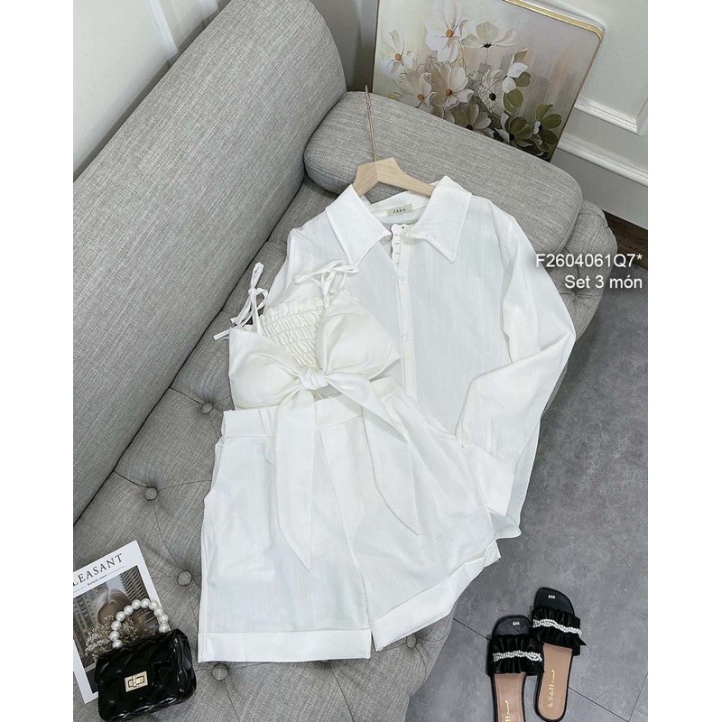 Set đi biển 3 món áo sơ mi tay dài áo bra cột nơ ngực 2 dây phối quần short! | BigBuy360 - bigbuy360.vn