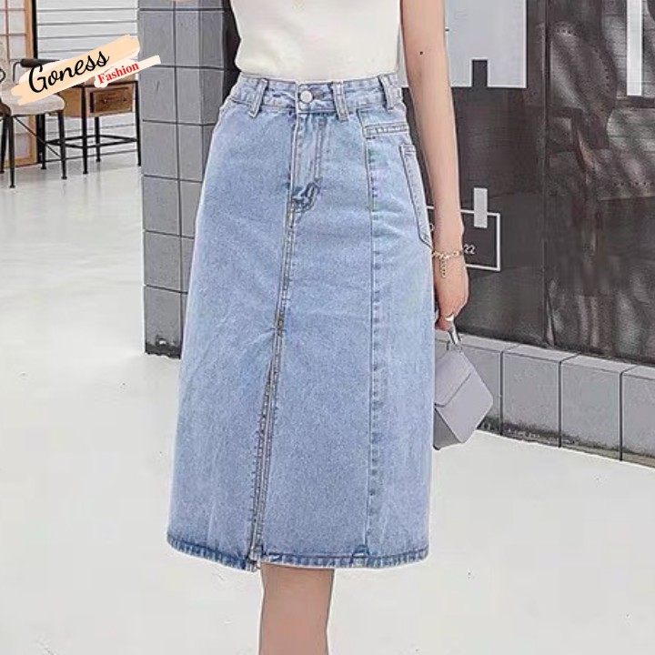 Chân váy Jean denim Goness thiết kế midi dài xẻ tà lưng cao dáng chữ A cạp cao thời trang