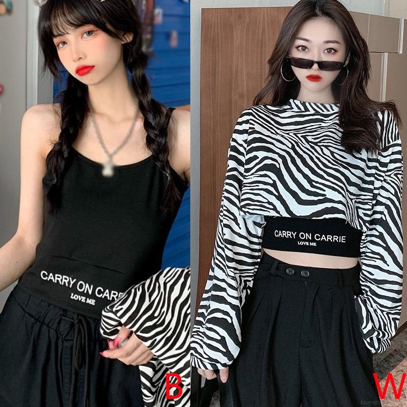 Áo crop tay dài họa tiết ngựa vằn / Áo không tay thời trang cho nữ | BigBuy360 - bigbuy360.vn