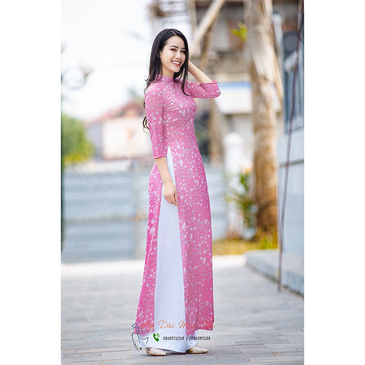 Bộ áo dài truyền thống hoạ tiết hoa nhí hồng