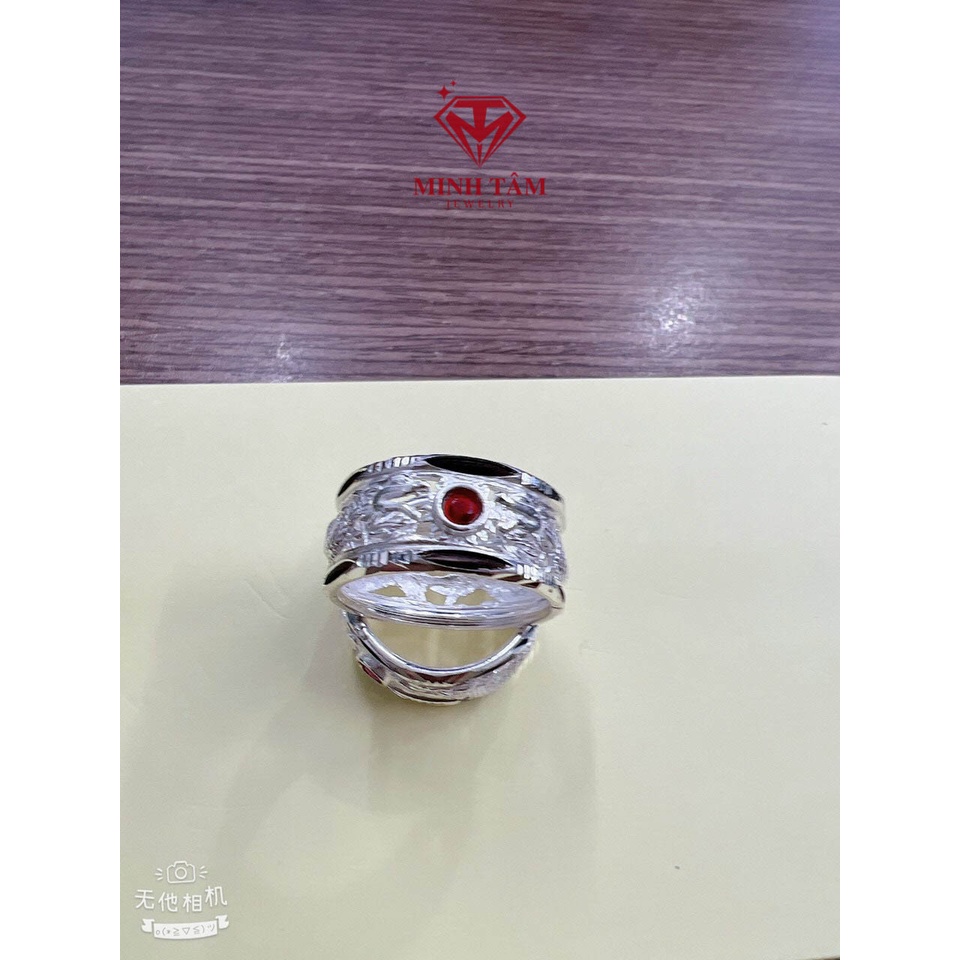 Nhẫn bạc nam in hình rồng long phụng ngậm đá đỏ may mắn chất liệu bạc ta Minh Tâm Jewelry