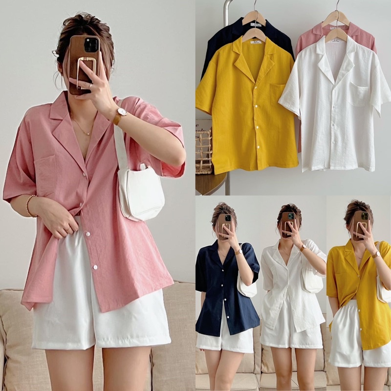 [Ảnh thật/Video] Áo sơ mi đũi lạnh Salim thiết kế Cổ V Áo sơ mi basic Hàn Quốc