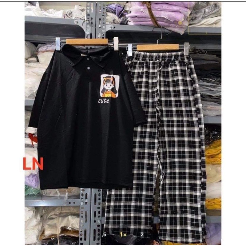 Sét áo polo cô gái cute+quần kẻ ô LN11