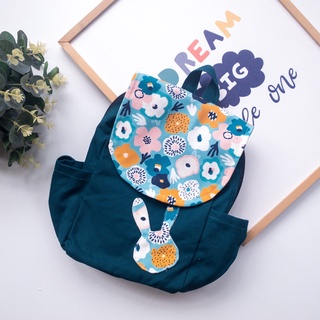 Balo canvas trẻ em nắp hoa xanh cổ vịt, hình thỏ, chưa bao gồm thêu tên theo yêu cầu