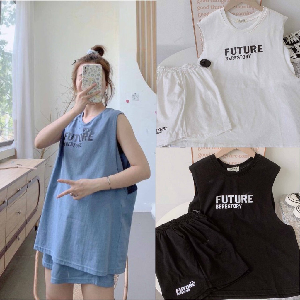 SUSQ005 Set áo tanktop phông quần đùi cộc xanh trắng đen Bộ áo ba lỗ không tay thun quần sooc short mặc nhà đẹp