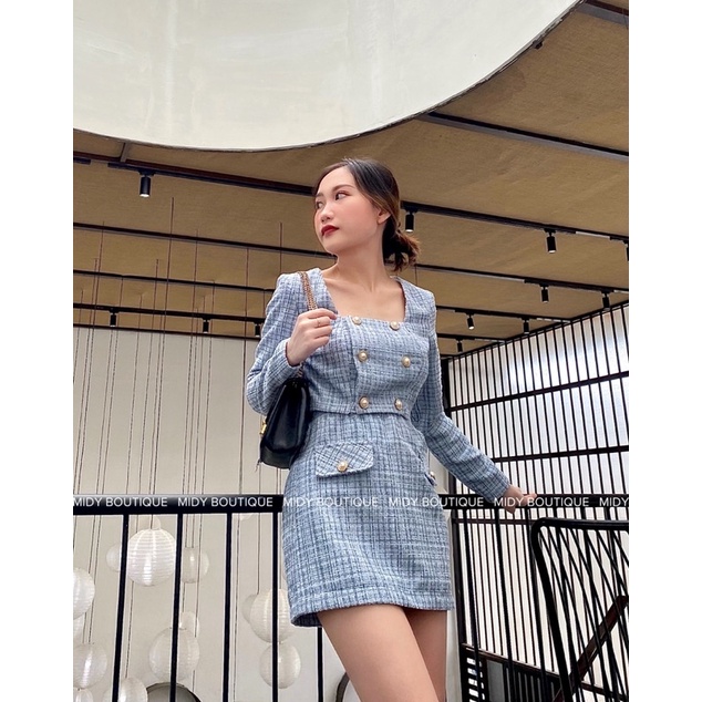 SET VÁY XANH CỔ VUÔNG CHẤT DẠ TWEED - MIDY.VN (hình tự chụp) | BigBuy360 - bigbuy360.vn