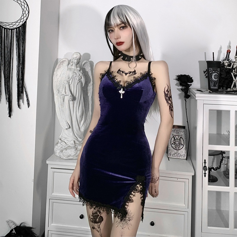 Brroa Đầm Nhung Mini Hai Dây Cổ Chữ V Phối Ren Phong Cách Harajuku Gợi Cảm Cho Nữ