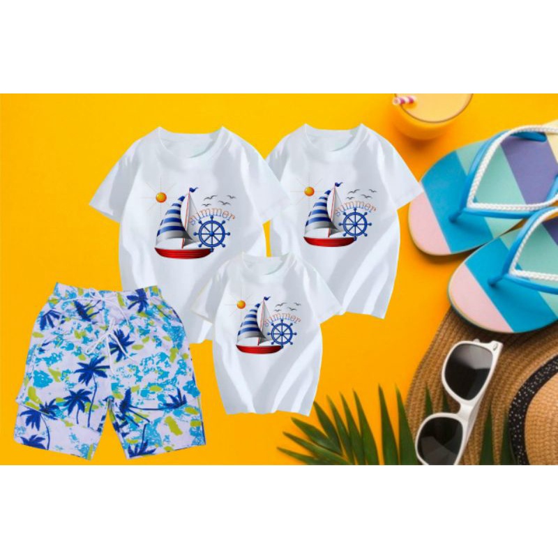Đồ bộ đi biển, Set quần áo đi biển gia đình - nhóm sắc màu vải thun ( in theo yêu cầu )