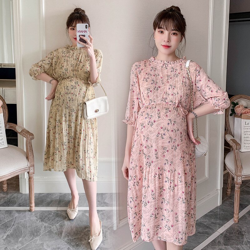 Đầm Chiffon dáng rộng tay lửng cổ chữ V thanh lịch thời trang mùa hè cho mẹ bầu