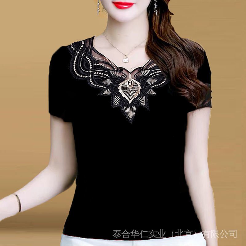 Chứa Cotton Mùa Hè 2022 Kim Cương Ren Nửa Tay Đáy Áo Sơ Mi Co Giãn Plus Kích Thước Mỡ mm Trung Niên Nửa Tay Áo Thun Nữ