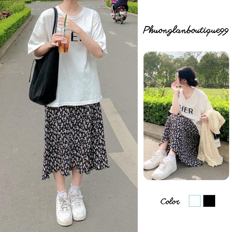 Set váy, Set đồ nữ cá tính gồm áo trắng và váy hoa nhí cá tính đi chơi mùa hè