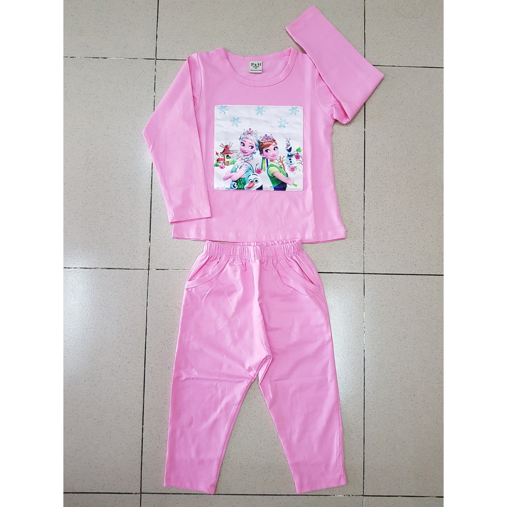 Bộ thun cotton tay dài bé gái công chúa elsa anna