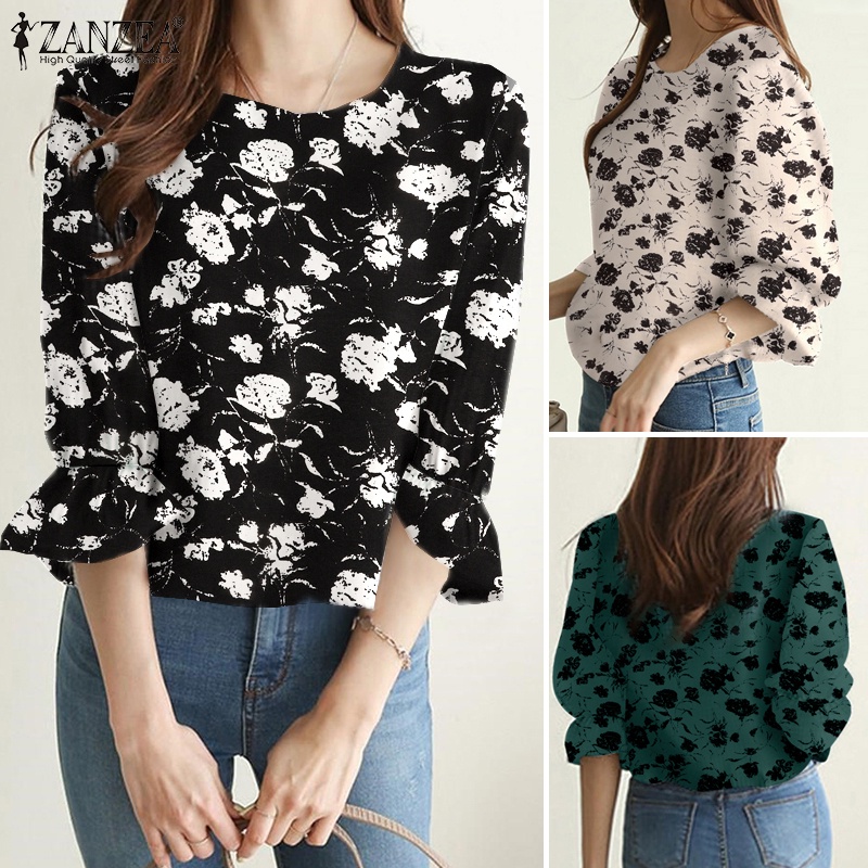 Zanzea Áo Cánh Tay Phồng 3 / 4 Cổ Tròn In Họa Tiết Thời Trang Mùa Hè Cho Nữ