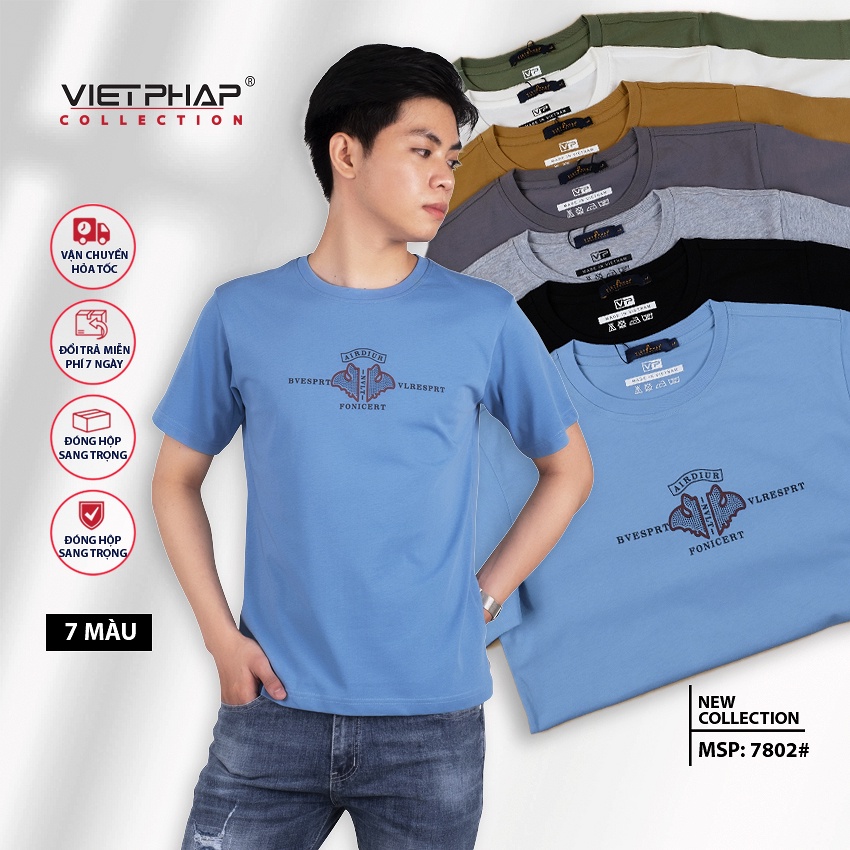 Áo thun nam cổ tròn VIETPHAP 7802 ngắn tay, in chữ, vải thun cotton cao cấp đẹp dày dặn, thoáng mát
