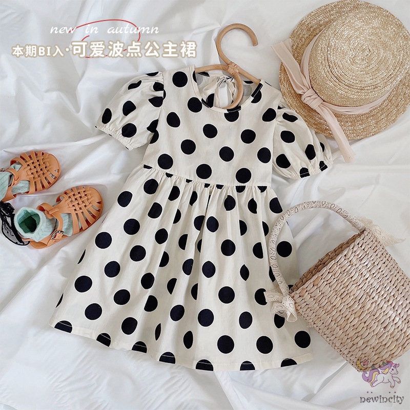 Đầm Tay Phồng Họa Tiết Chấm Bi Phong Cách Hàn Quốc Cho Bé Gái