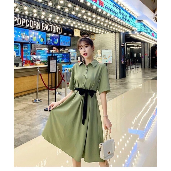 Váy sơ mi xanh nơ đen cực xinh, size 40-70kg Váy bầu công sở siêu xinh quà tặng đi chơi du lịch đi làm đều ok
