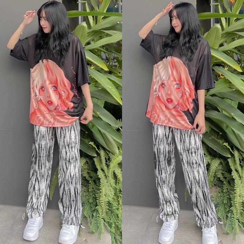 Set Bộ Quần LongPant 3D Sọc Hoạ Tiết Áo Thun Tay Lở Cô Gái Ảnh Thật