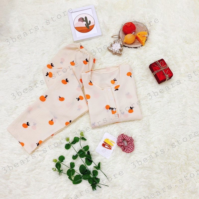 (Ảnh thật - 3bears.store tự chụp) Đồ bộ ngủ nữ dài chất đũi xốp phong cách Hàn Quốc (tay dài, cổ tròn, quần dài) | BigBuy360 - bigbuy360.vn