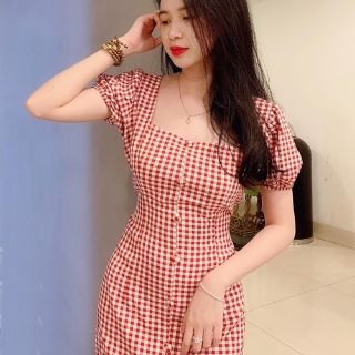 Đầm caro cổ vuông cột nơ