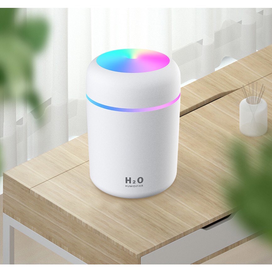 Máy Phun Sương Mini H2O Tạo Độ Ẩm, Đèn LED Nhiều Màu Sắc - 300ml, Phun 8h, - USB COLORFUL HUMIDIFIER