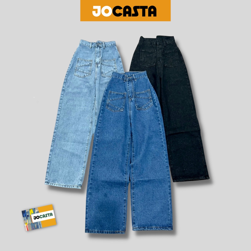 Quần bò jeans ống suông rộng có túi đáy lưng cạp siêu cao 3 màu xanh đen TS3