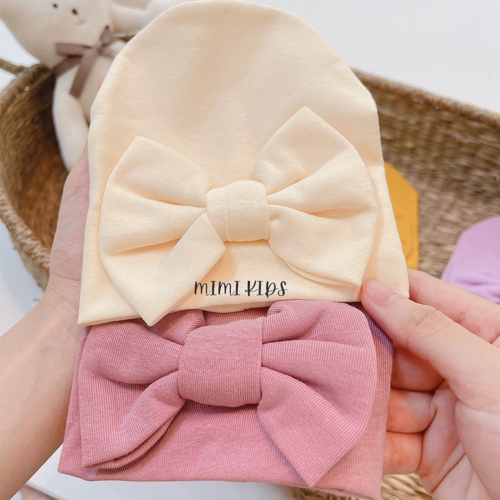 Mũ cotton sơ sinh đính nơ cho bé gái (0-6m) Mimi Kids MD24