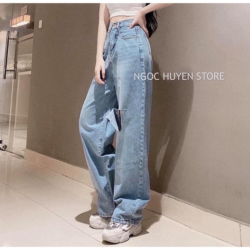 Quần bò nữ ống rộng rách gối màu xanh dáng dài có size