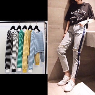 Combo quần baggy viền + áo croptop tay dài