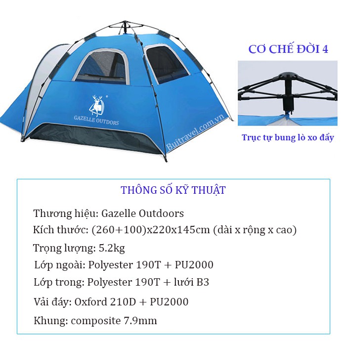 Lều cắm trại tự bung 2 khoang dành cho 4-6 người Gazelle Outdoors GL1668- Lều có kèm 2 cây chống mái Bụi Travel