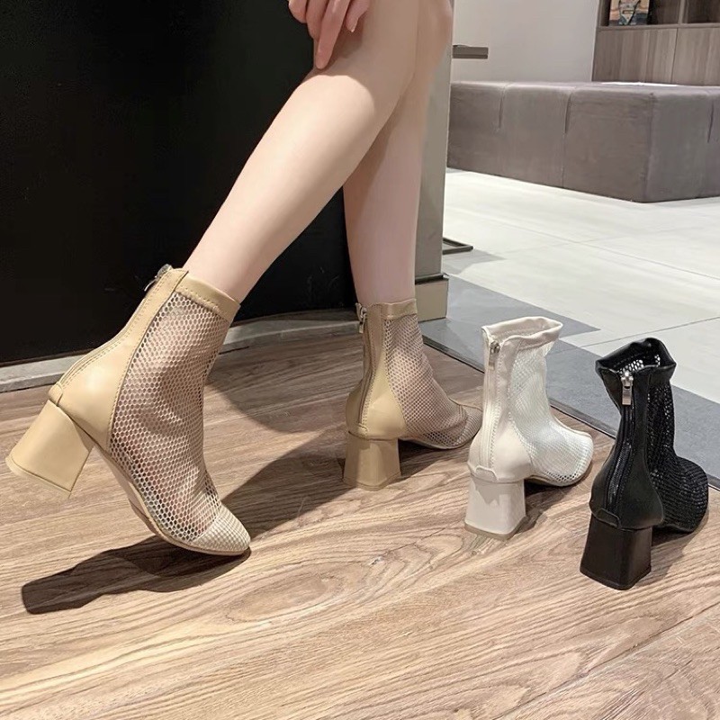 Boots lưới ulzzang cổ ngắn gót vuông cao 5cm