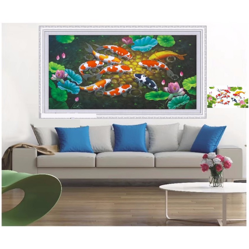 Tranh Đính Đá CÁ CỬU NGƯ QUẦN HỘI (ĐÁ ABC CAO CẤP). Kích Thước: 1m20 x 60cm - 1m60 x 70cm