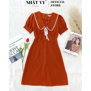Đầm Nữ NHẬT VY Nhún Ngực Cổ V Tay Ngắn Chất Liệu Cotton Mịn Công Sở Màu Cam, Cacao, Đen - D1914