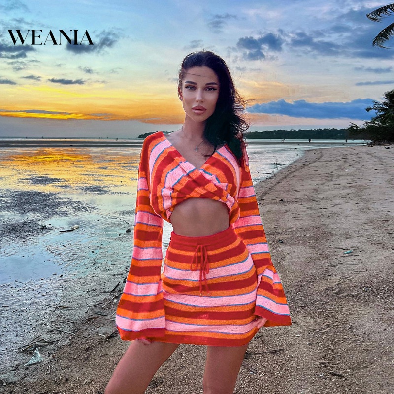 Bộ Áo Sweater Dệt Kim Kẻ Sọc Phối Chân Váy 2 Món Thời Trang Cho Nữ