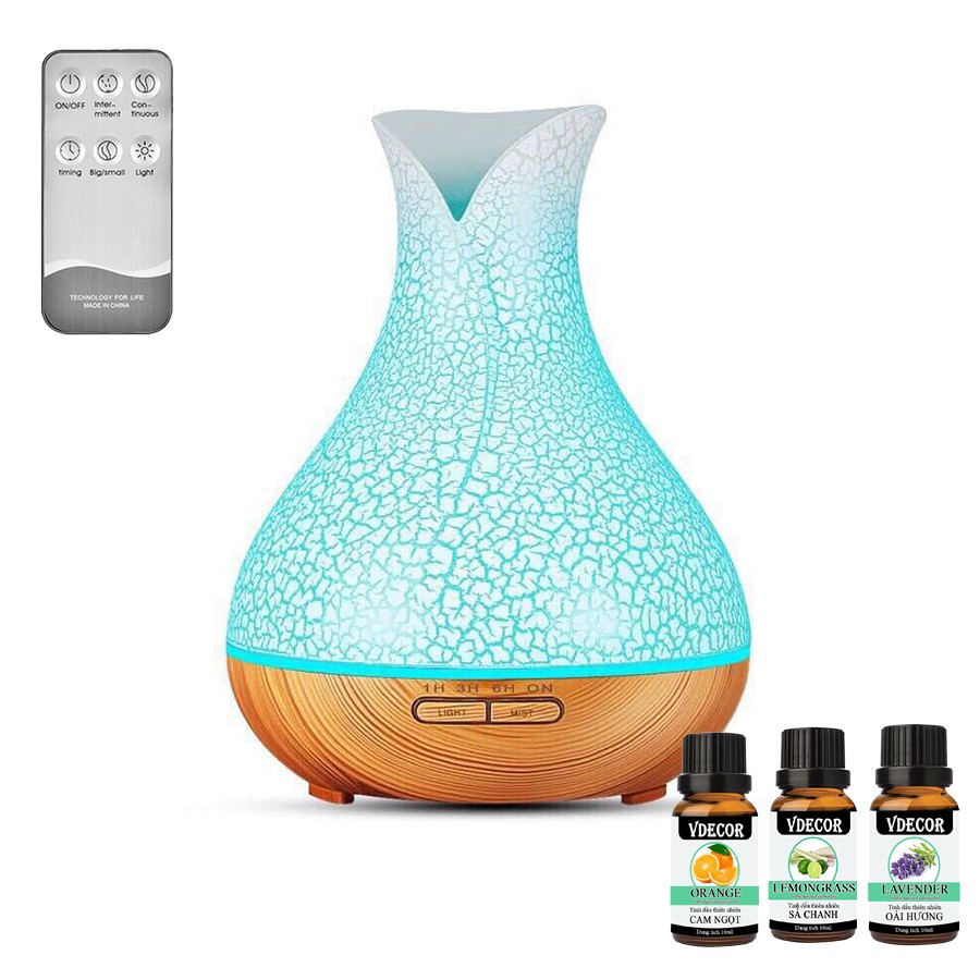 Đèn Xông Tinh Dầu Phun Sương Bình Hoa TUYLIP Vân Gỗ Cao Cấp | Kèm Điều Khiển Từ Xa | TẶNG TINH DẦU