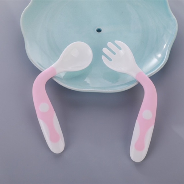 (Hàng cao cấp hộp riêng) Bộ thìa nĩa Silicon uốn cong cho bé tập ăn dặm