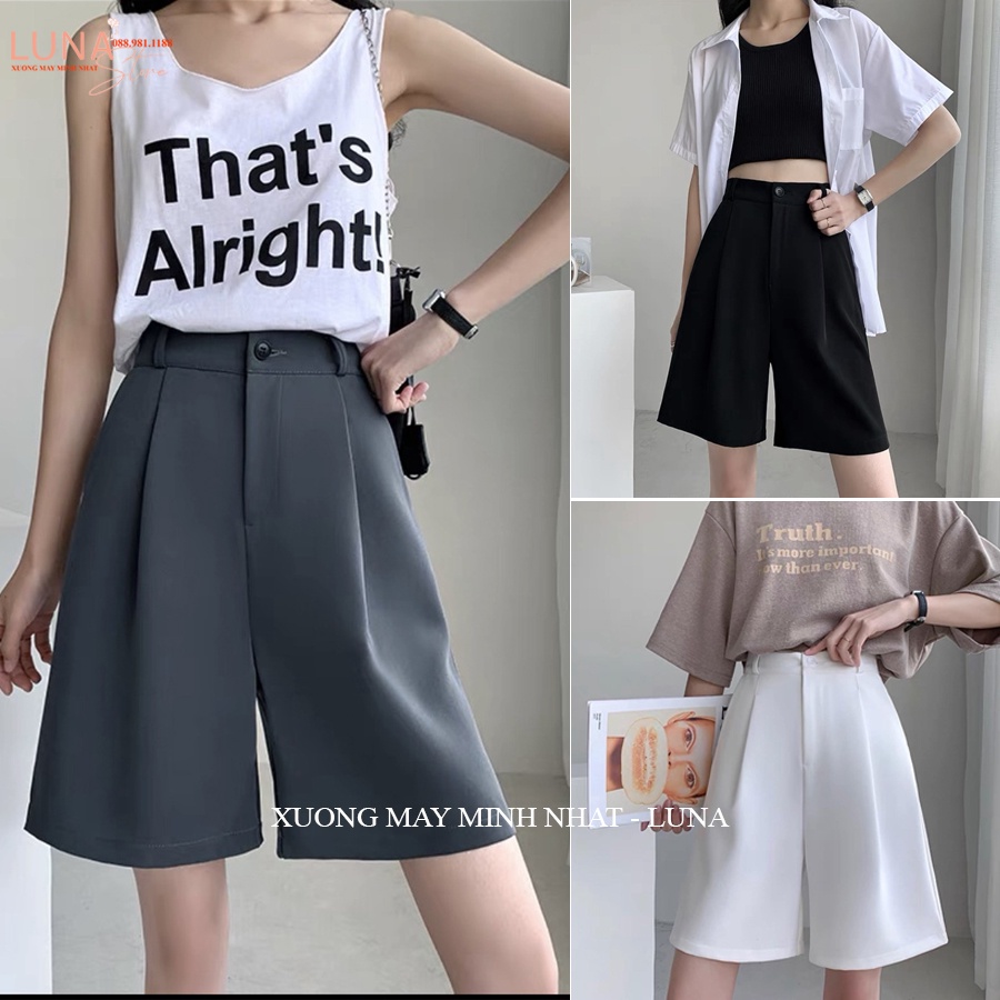 Quần lửng nữ ống rộng cạp cao dáng quần short ngố nữ khóa thật cúc cài chất vải tuyết mưa dày dặn màu đen mặc ở nhà dạo