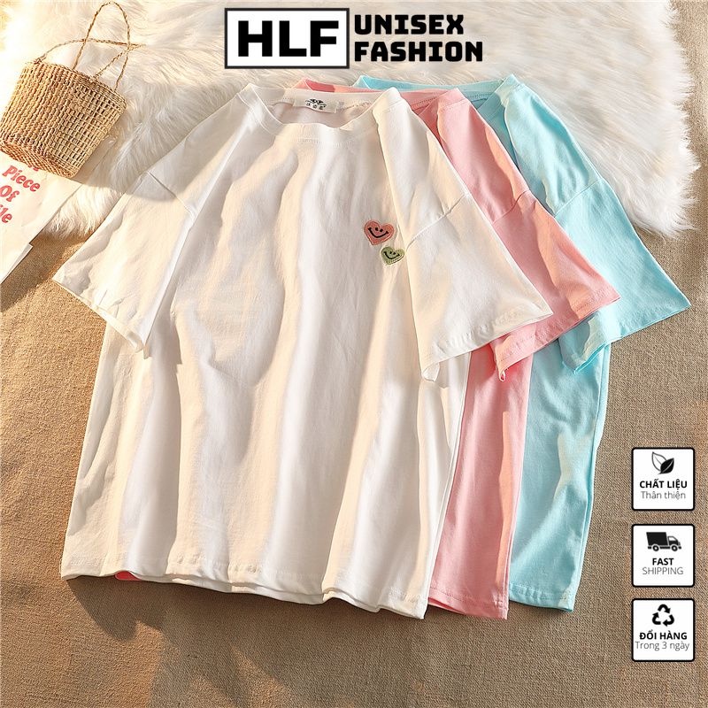 Áo phông nữ form rộng thêu hình trái tim, áo thun nữ tay lỡ HLFashion