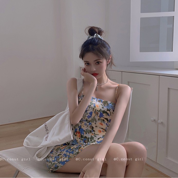 Đầm hai dây ôm eo lưng cao in hoa kiểu Pháp | BigBuy360 - bigbuy360.vn