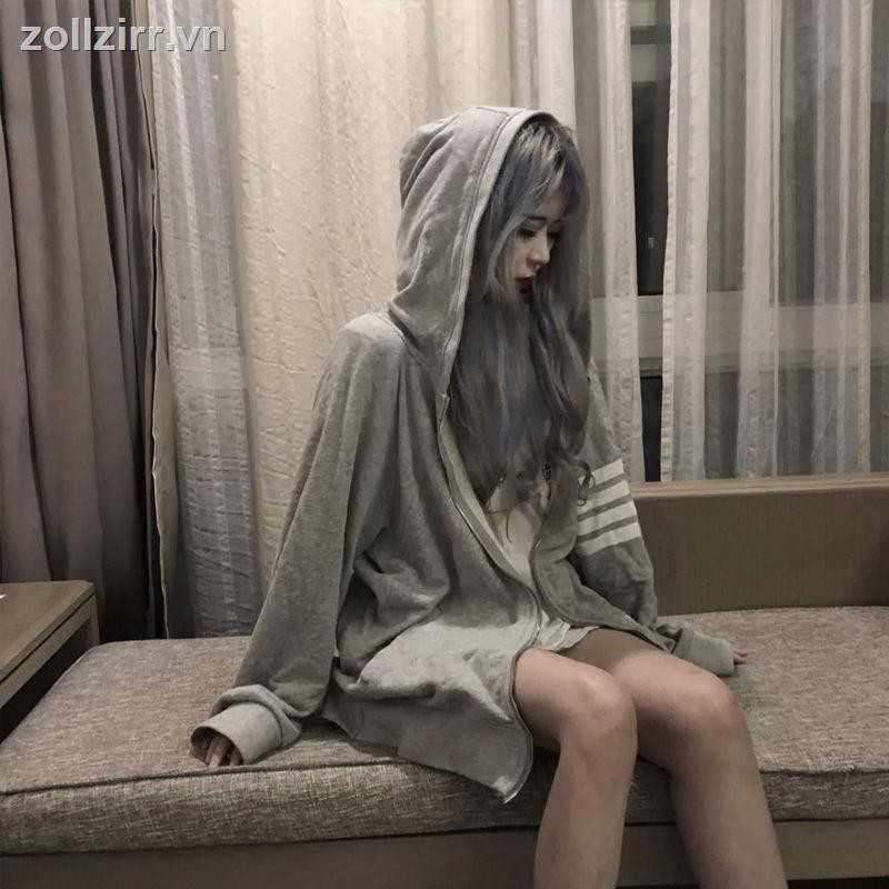 Áo hoodie tay dài bằng vải nỉ có dây kéo xinh xắn thoải mái