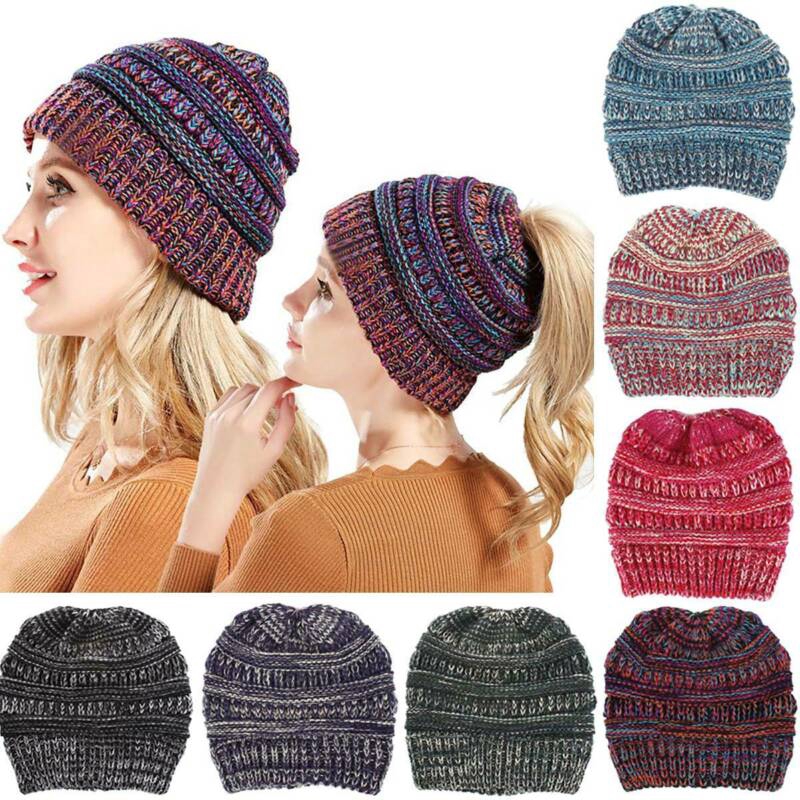 Mũ trùm đầu beanie dệt kim giữ tóc đuôi ngựa cao co giãn mềm mại thời trang mùa đông dành cho nữ