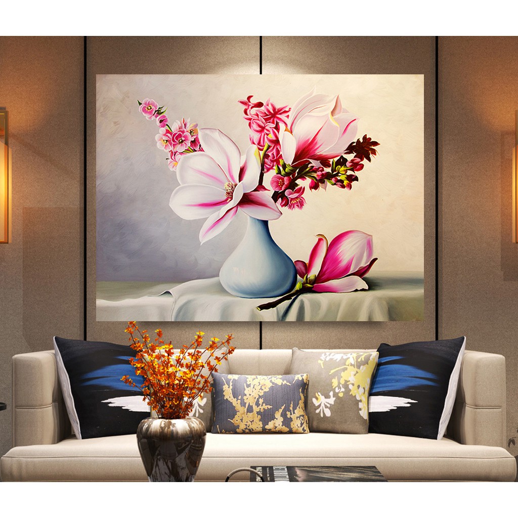 Tranh canvas treo tường tĩnh vật bình hoa ngọc lan, huệ tây sang trọng nhiều mẫu LIN - 65 x 50 cm