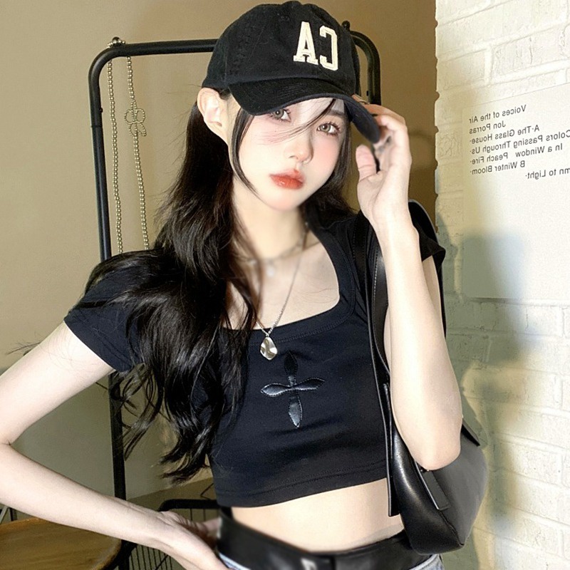 Áo Thun Crop Top Tay Ngắn Cổ Vuông Hở Rốn Dáng Ôm In Họa Tiết Kiểu Hàn Quốc Xinh Xắn Cho Nữ