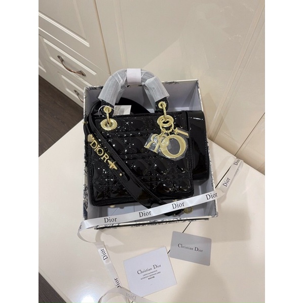 Túi xách nữ đeo chéo  lady 5 ô khoá vàng da bóng dây đeo bản to fullbox có hộp