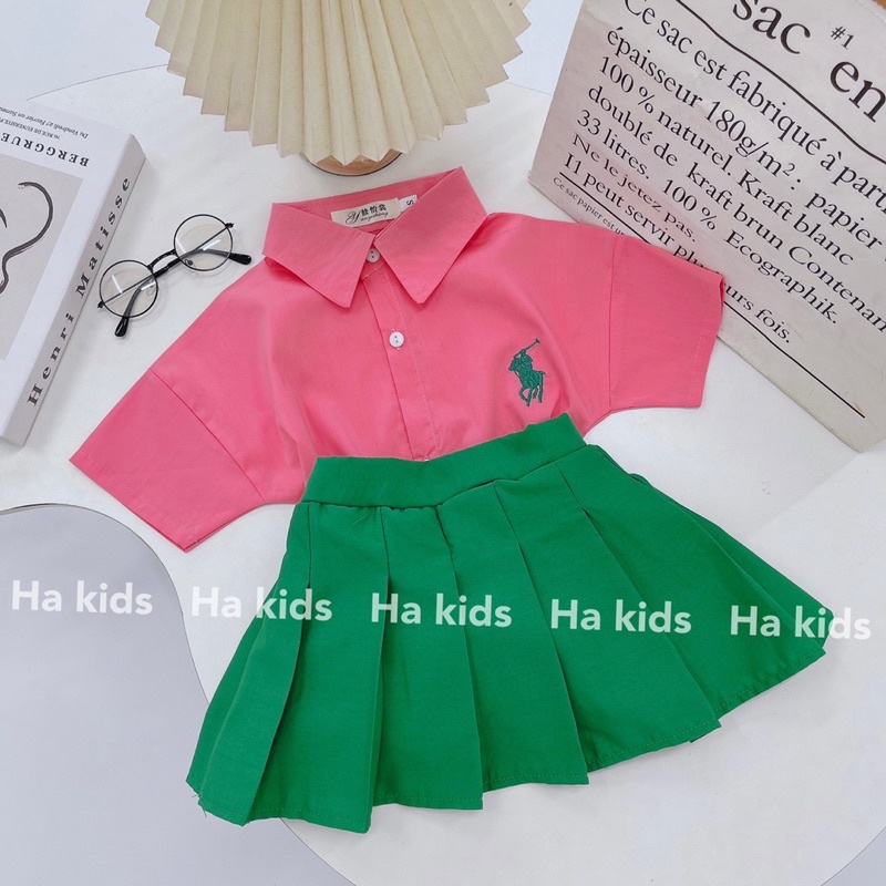 Set áo polo hồng cv xanh xếp ly bé gái