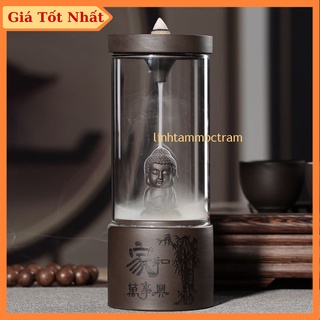 Thác khói trầm hương cổ tự tháp chuông phật như lai tọa thiền trong lồng kính tặng 3 nụ trầm
