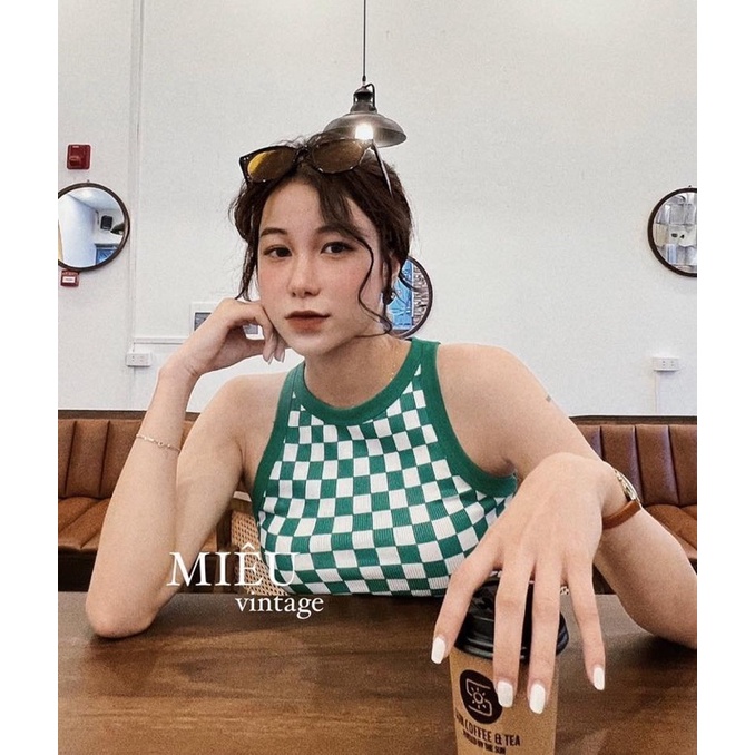 Áo Croptop Ba Lỗ Sát Nách Không Tay Kẻ Caro Xanh