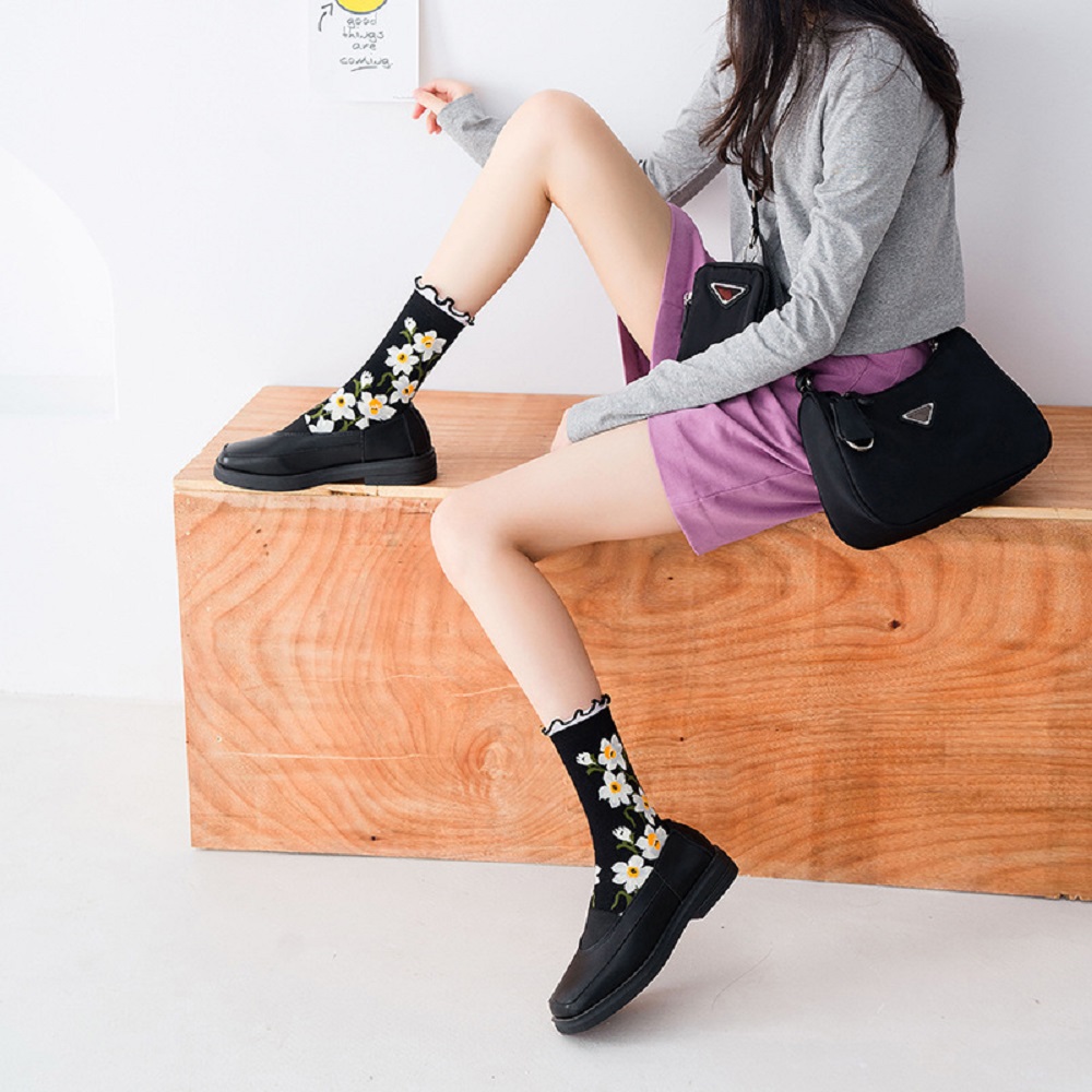 BACK2LIFE Fashion Women Flower Socks Breathable Floral Hosiery Cotton Socks Streetwear Colorful Female Korean Girls Sports Ruffles green/pink/black | BigBuy360 - bigbuy360.vn