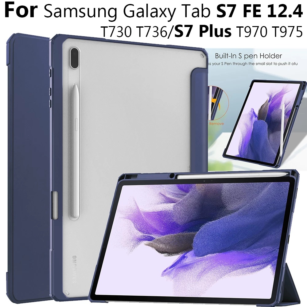Bao da máy tính bảng bằng tpu + acrylic + da pu thông minh có ngăn đựng bút cho Samsung Galaxy tab s7 fe t736 s7 plus