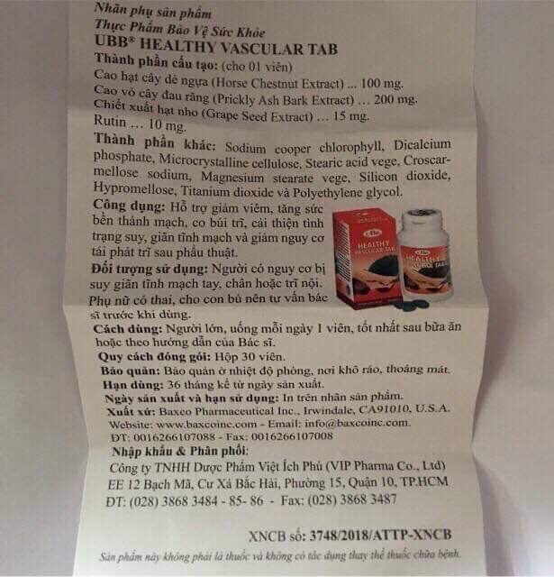 Healthy Vascular Tab Ubb - hỗ trợ giảm viêm, tăng sức bền thành mạch, co búi trĩ ...)
