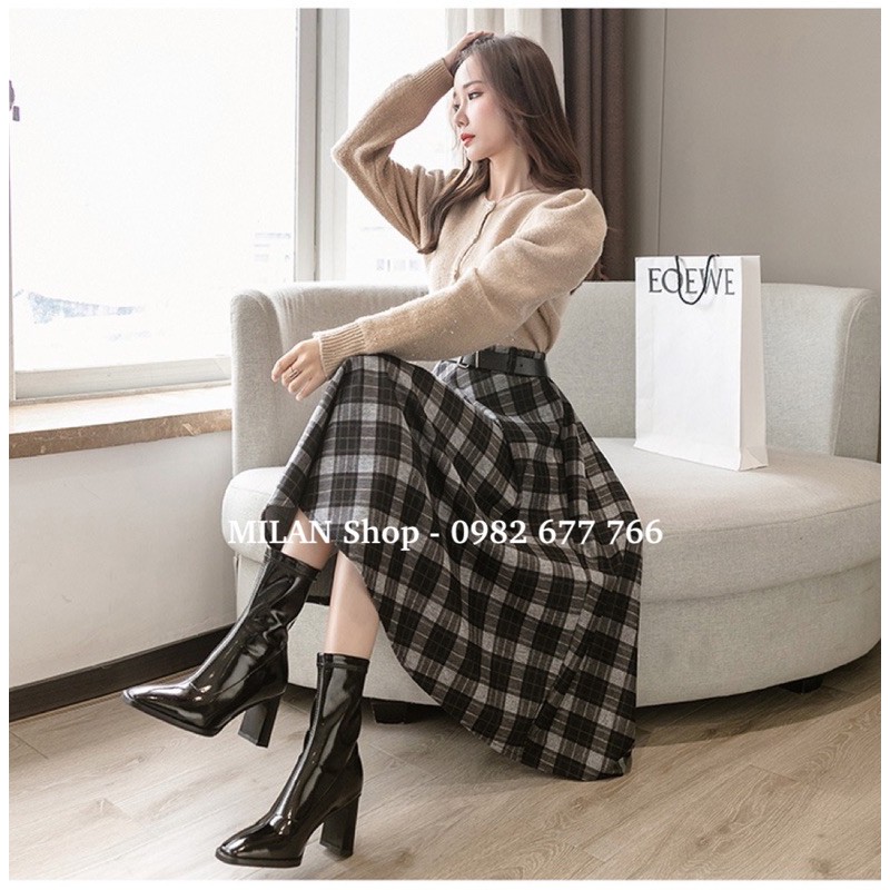 Chân váy dạ kẻ kèm đai dáng dài xoè A | BigBuy360 - bigbuy360.vn